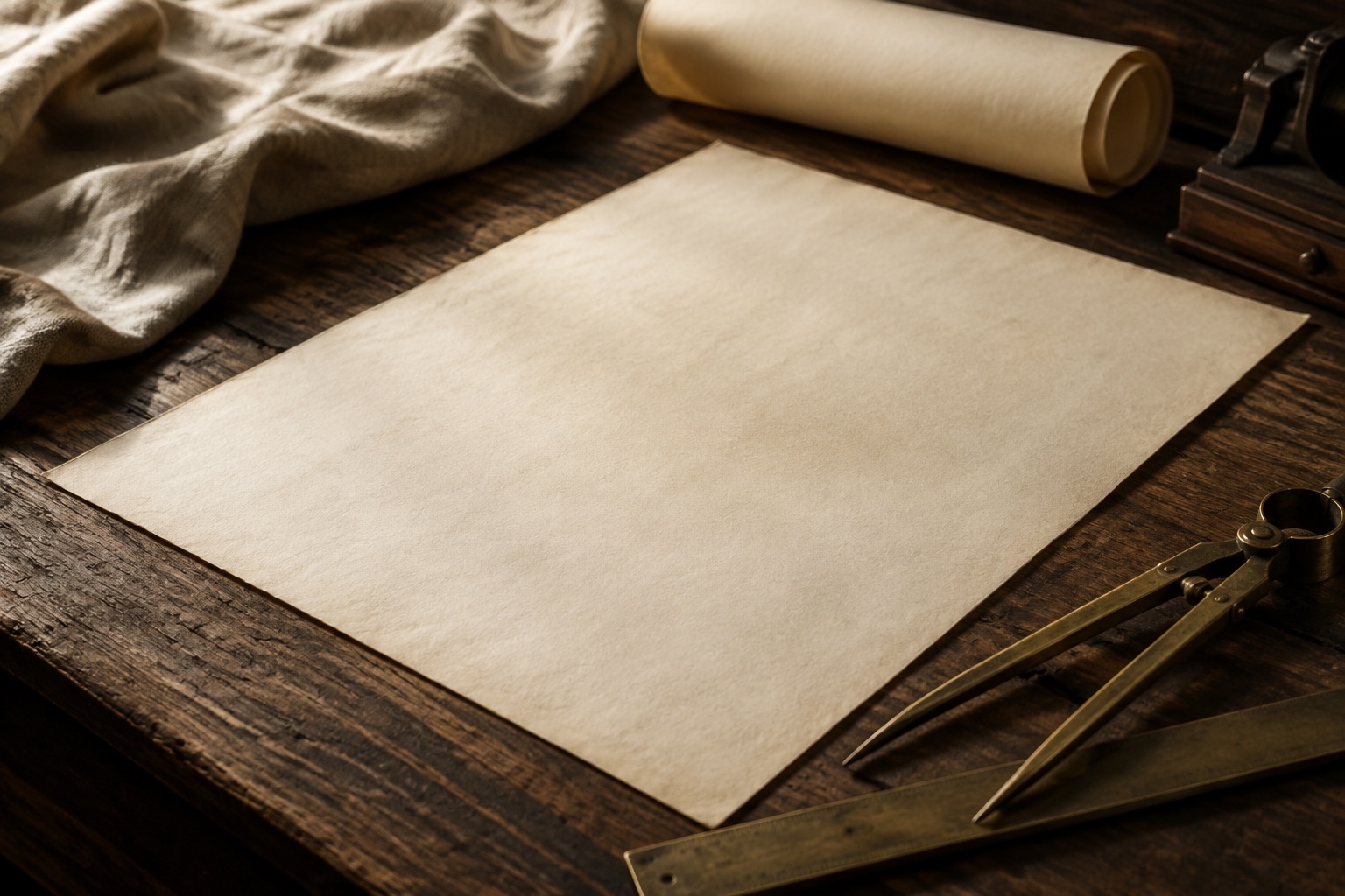 Warm ivory paper and brass drafting instruments on a walnut worktable